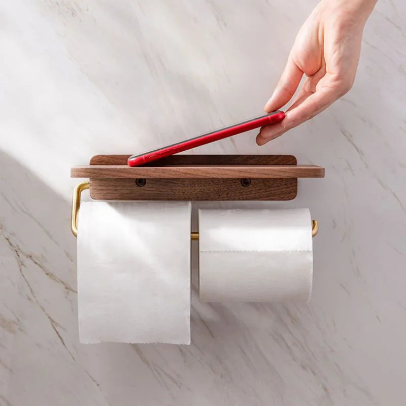 contemporary Walnut and Brass Toilet Roll Holder With Integrated Shelf