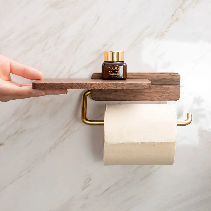 contemporary Walnut and Brass Toilet Roll Holder With Integrated Shelf