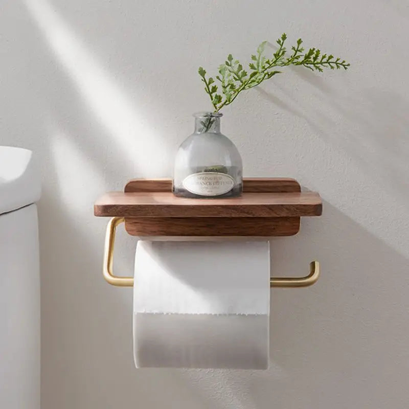 contemporary Walnut and Brass Toilet Roll Holder With Integrated Shelf