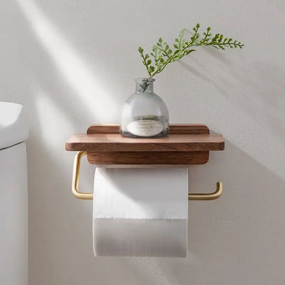 contemporary Walnut and Brass Toilet Roll Holder With Integrated Shelf