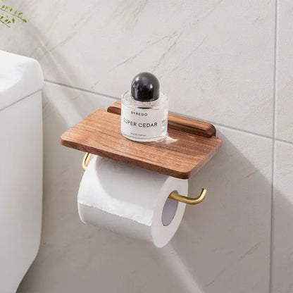contemporary Walnut and Brass Toilet Roll Holder With Integrated Shelf