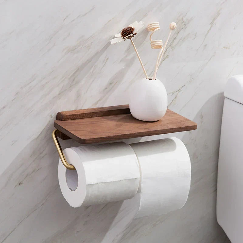 contemporary Walnut and Brass Toilet Roll Holder With Integrated Shelf